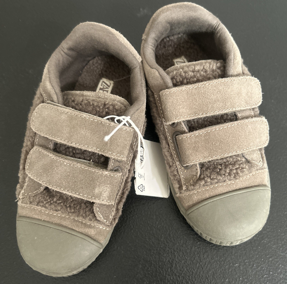 Zara Kids Suede Faux Fur Lined Sneakers Brown Hook Loop Winter Shoes Toddler 9